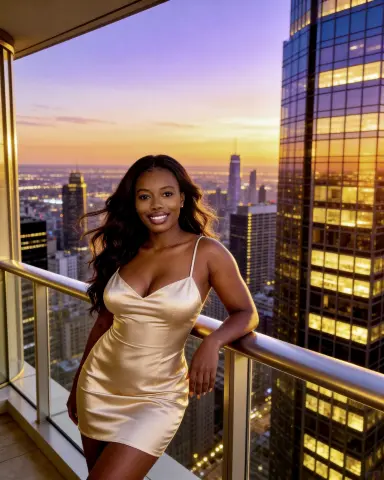 Smiling woman in a gold satin slip dress posing on a city rooftop balcony during a golden sunset.
