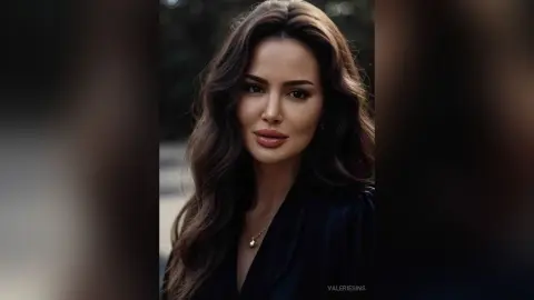 Beautiful woman with long wavy hair wearing a black blouse in a soft, moody outdoor setting.