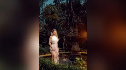 Elegant woman in a white halter top and pink skirt standing by a stone fountain in a lush tropical garden.