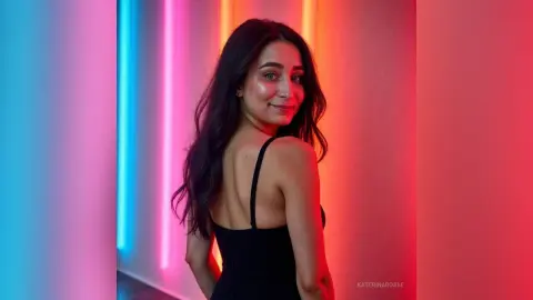 Smiling woman in a black tank top posing against vibrant pink and blue neon studio lights.