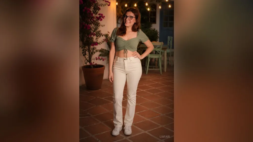 LiaFair smiles while wearing black-rimmed glasses and a green floral print top, resting her chin on her hand.