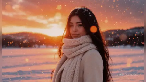 Young woman in a cozy white knit sweater and scarf smiling during a dreamy sunset in a snowy winter landscape.