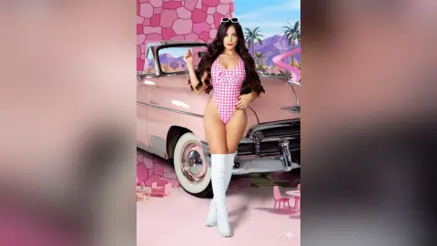Glamorous woman in pink gingham bodysuit posing by a vintage pink car in a dreamy Barbie-themed setting.