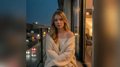 Melancholic blonde woman in a cozy white knit sweater sitting on a balcony during a rainy night in the city.