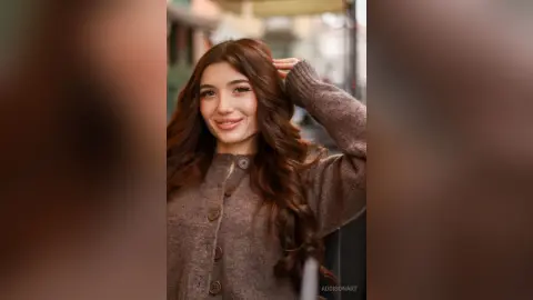 Smiling young woman with long wavy brown hair wearing a cozy brown knit cardigan in a soft outdoor setting.