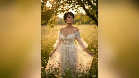 Elegant woman in a white floral lace gown standing in a dreamy sunlit meadow at golden hour.