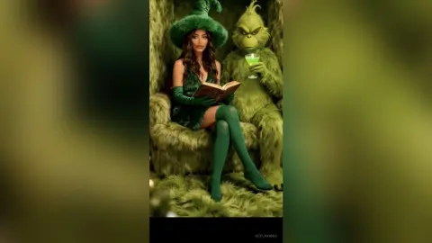 Woman in green witch costume and tall hat sitting next to Grinch character in a whimsical green setting.