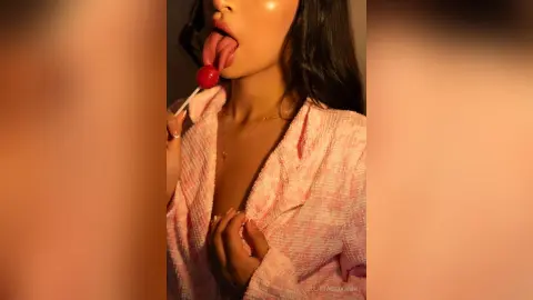 Young woman in a pink textured blazer eating a red lollipop with warm, moody lighting.