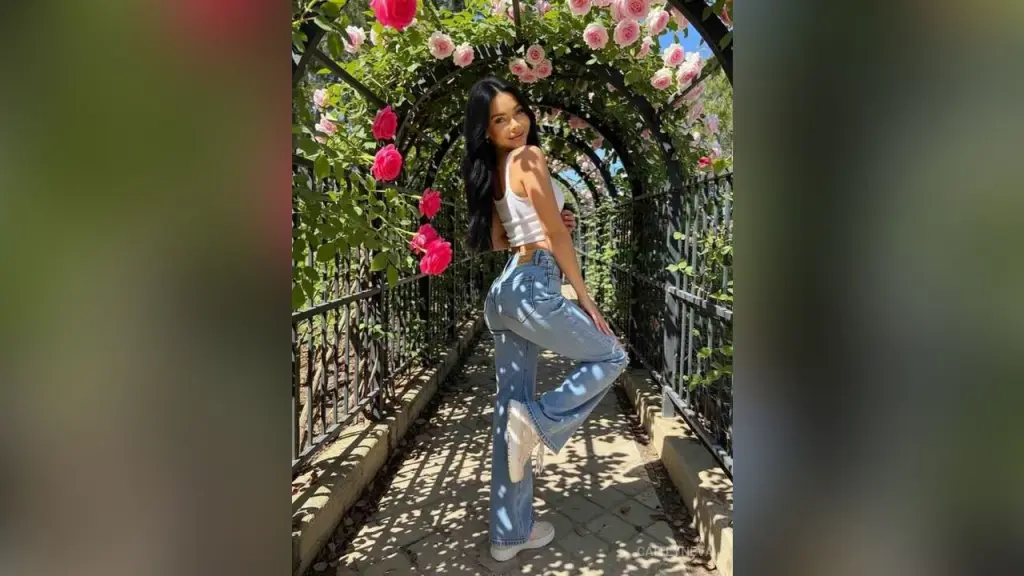 CaitlynEva — Smiling young woman in white tank top and blue jeans posing in a sunny rose garden walkway.