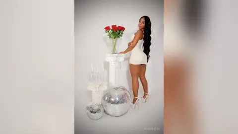 Elegant woman in a white mini dress posing with red roses and disco balls in a bright studio setting.