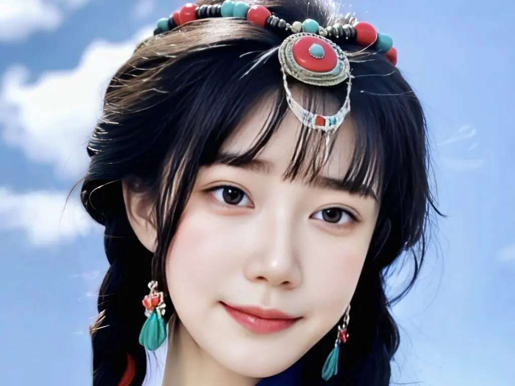 Smiling young woman in traditional ethnic jewelry and headband against a bright blue sky.