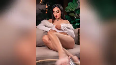 Elegant woman in a white fuzzy off-the-shoulder sweater relaxing on a sofa in a lush indoor setting.