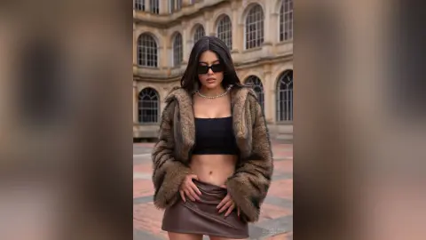 Stylish woman in a brown faux fur coat and black crop top posing confidently in front of classic architecture.