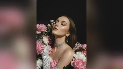 JessicaAidennn — Elegant woman in a silver gown posing with pink peonies against a dark background for a dreamy, romantic mood.