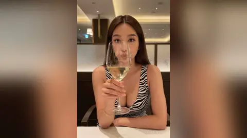 ArisaHamasaki — Young woman in a black and white striped top sipping white wine in a dimly lit upscale restaurant.