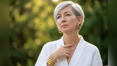 BellaMontclaire with short silver hair wearing a white textured top and gold hoop earrings, posing outdoors in soft sunlight.