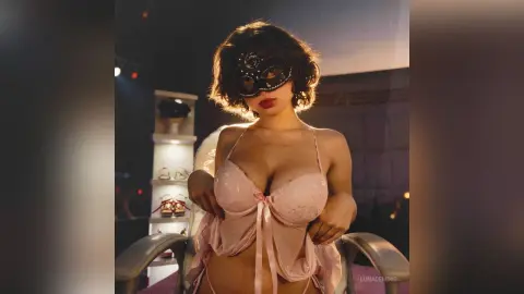 Glamorous woman in pink lace lingerie and a black masquerade mask posing in a moody, dimly lit room.