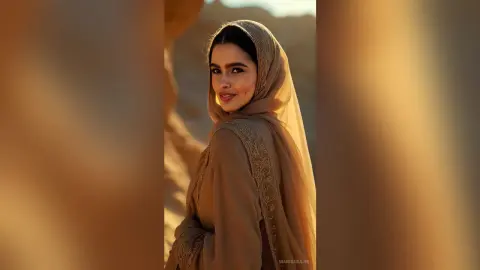 Elegant woman in a flowing beige hijab and traditional dress posing in a warm, sunlit desert landscape.