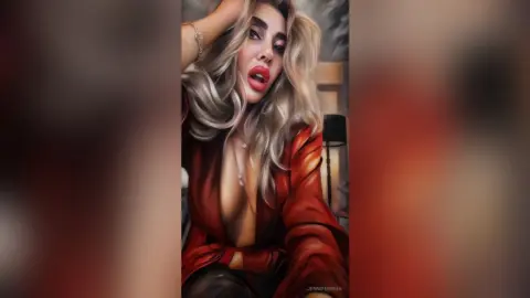 Glamorous blonde woman in a red silk robe posing with a sultry expression in a dimly lit room.