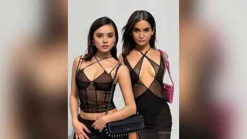 Two young women in elegant black sheer strap dresses posing against a white studio background.