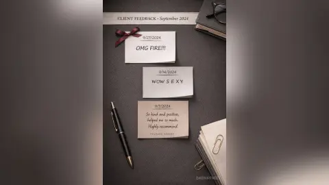 Client feedback notes on a dark desk featuring positive testimonials and a luxury pen.