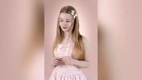 Young woman in a pink gingham sundress with white hair bows posing against a soft pink background.