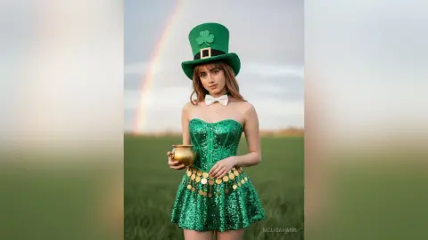 Woman in green leprechaun costume and top hat holding a gold pot of coins under a rainbow in a green field.