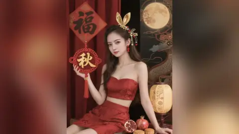 Young woman in red lace outfit holding Mid-Autumn Festival decorations in a festive traditional setting.