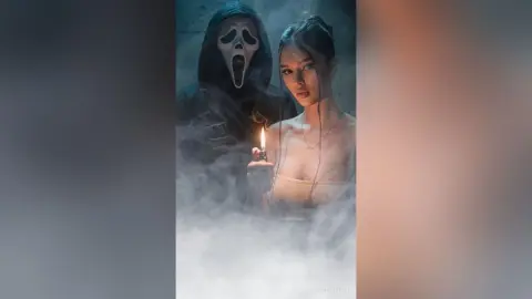 Mysterious woman in a white tank top holding a lighter next to a spooky Ghostface killer in a foggy setting.