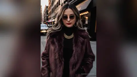 Stylish woman in a dark faux fur coat and sunglasses walking on a city street during golden hour.