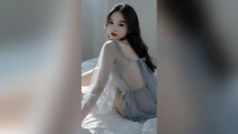 Elegant woman in a sheer grey tulle dress sitting on a bed in a soft, dreamy indoor setting.