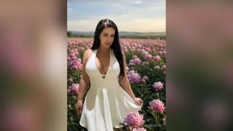 JasminNise poses in a field of pink flowers wearing a white low-cut sundress with a deep cleavage.