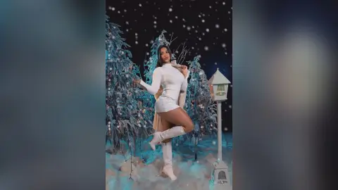 Woman in a white long-sleeve mini dress and boots posing in a dreamy, snowy winter wonderland setting.