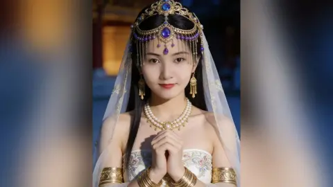 XiaJiaojiao wears an ornate gold headpiece and white veil, posing with her hands together and wearing a pearl necklace.