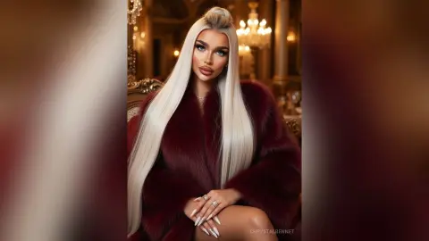Glamorous woman with long blonde hair wearing a luxurious burgundy faux fur coat in an elegant ballroom setting.