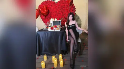 Elegant woman in a black cocktail dress sitting by a romantic candlelit dinner table with red heart decorations.