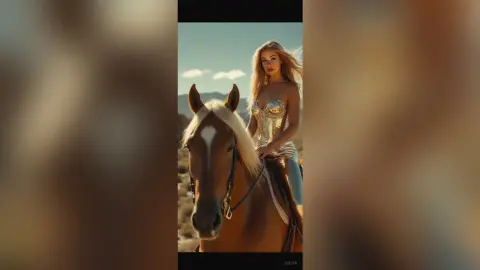 Glamorous blonde woman in a silver sequin bodysuit riding a brown horse in a scenic desert landscape at sunset.