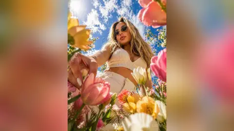 Lucine poses outdoors in a field of colorful tulips, wearing a white ribbed crop top and sunglasses under a bright blue sky.