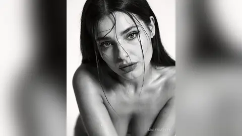 Black and white close-up portrait of a woman with wet hair looking into the camera with a moody expression.
