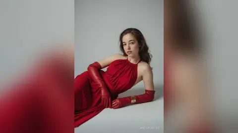 Elegant woman in a red halter evening gown and long gloves posing against a minimalist grey studio background.