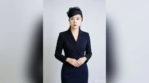 AuraraFeng — AuraraFeng wears a black long-sleeved dress and a small black veil headpiece while posing against a white background.