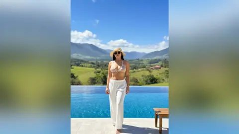 Stylish woman in a beige bikini top and white linen trousers relaxing by a luxury infinity pool with mountain views.