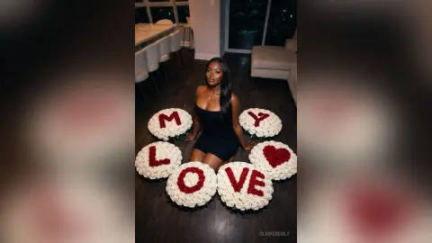 Elegant woman in a black dress sitting on the floor surrounded by white rose arrangements spelling MY LOVE.