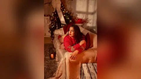Elegant woman in a red sequined outfit relaxing on a sofa near a glowing Christmas tree in a cozy festive setting.
