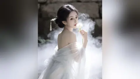 Ethereal woman in a flowing white gown holding a white flower amidst dreamy, misty fog in a romantic setting.