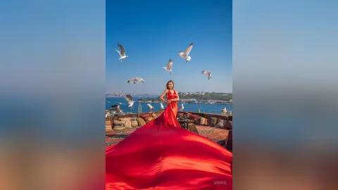 Elegant woman in a flowing red gown standing on a seaside balcony surrounded by flying white seagulls.