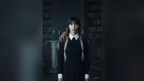 Katia is a brunette with long white braids wearing a black dress with a white collar, standing in a dark room.