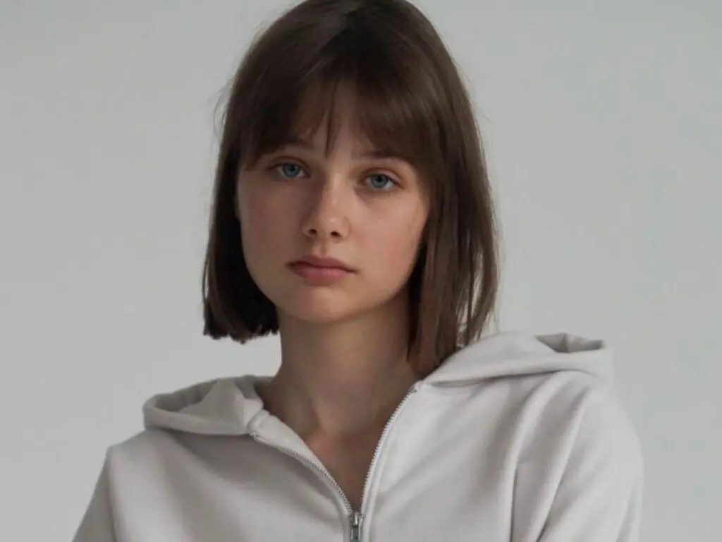 Young woman with brown bob haircut wearing a cozy white zip-up hoodie in a minimalist studio setting.