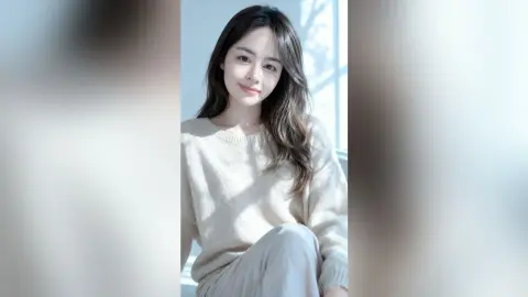 Smiling young woman in a cozy cream sweater sitting by a bright window in a serene indoor setting.