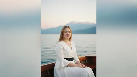 ShantayMayne sits on the edge of a wooden boat wearing a white long-sleeved dress against a background of calm water and mountains.